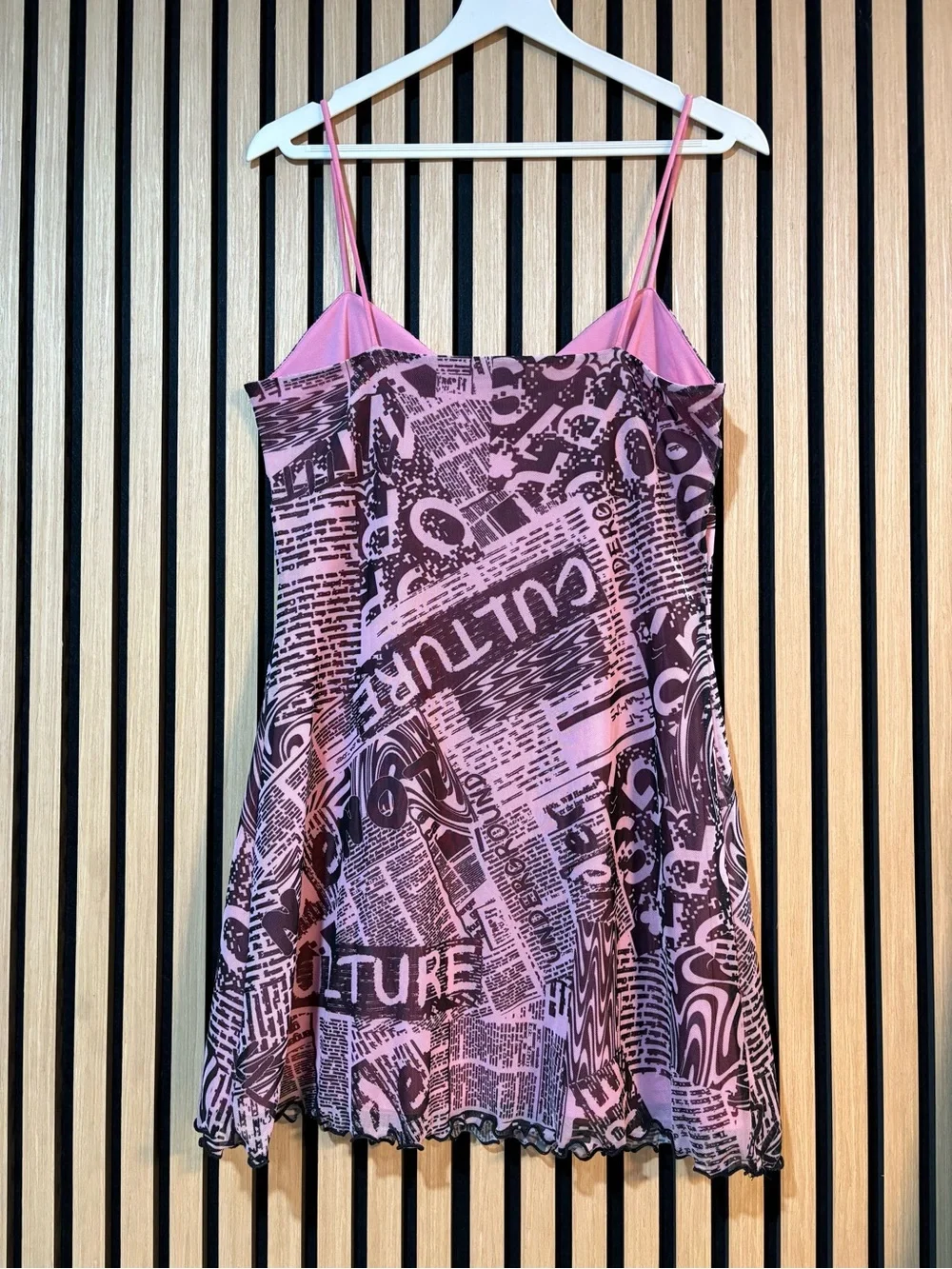 Urban Outfitters UO Elodie Mesh Slip Dress Newspaper Print Pink Black Size Large